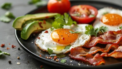 Fried eggs with bacon and vegetables 