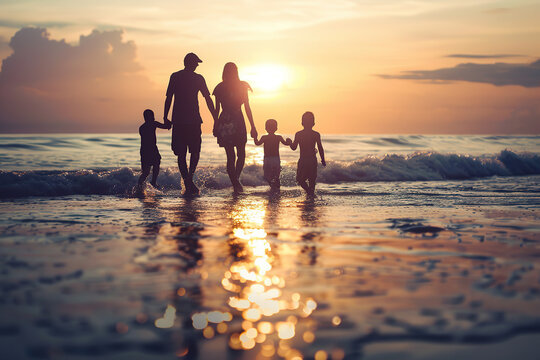 couple of young parents with their kids on the beach at sunset. son and daughter day on 11th august. family day outside - Powered by Adobe