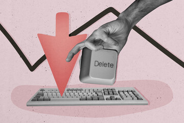 Composite photo collage of hand point keyboard tool push delete button business problem arrow down graph isolated on painted background
