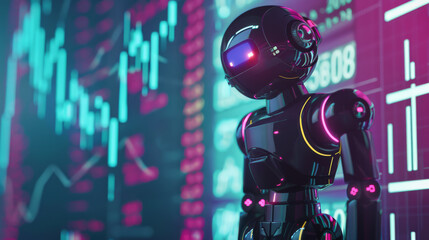 Obraz premium The trading robot analyzes the trading chart, which symbolizes the upward growth of the chart and artificial intelligence for analyzing the stock market.