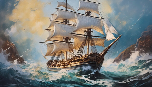 &Ouml;lgem&auml;lde von einem historischem Dreimaster Schiff