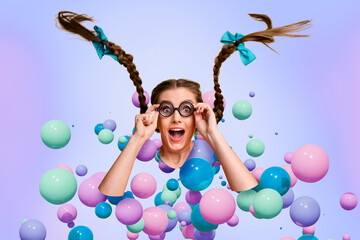 Creative image picture young amazed happy girl student nerd stare glasses 3d bubbles colorful...