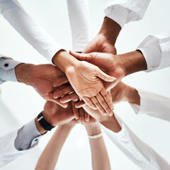 Hands stack, people and medical at hospital for healthcare support, solidarity and teamwork of...
