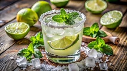 Fototapeta premium Freshly squeezed lime juice, tequila, and crystal-clear ice blend in a salt-rimmed glass, garnished with a lime wedge and sprig of mint, exuding summer vibes.