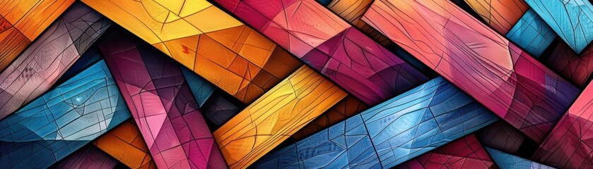 Abstract arrangement of wooden beams, vibrant colors and dynamic composition, influenced by cubism, digital illustration