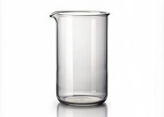 A clear glass beaker with a narrow neck and rounded body stands upright on a pure white background, isolated and centered with a subtle shadow.