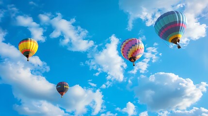Obraz premium Colorful hot air balloons soar through a bright blue sky dotted with fluffy white clouds.