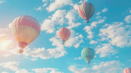 Fototapeta premium Colorful hot air balloons soar through a bright blue sky with fluffy white clouds.