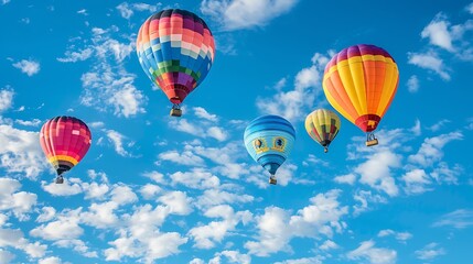 Fototapeta premium Colorful hot air balloons float in a bright blue sky with puffy white clouds.