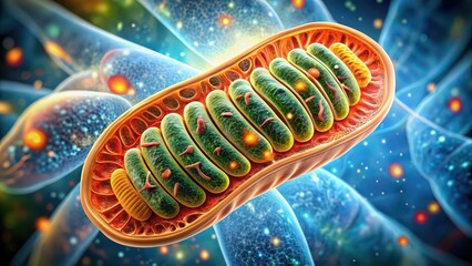 A close-up illustration of a mitochondrion, showcasing its detailed internal structure. The inner membrane is vividly highlighted, displaying the intricate folds known as cristae. 
