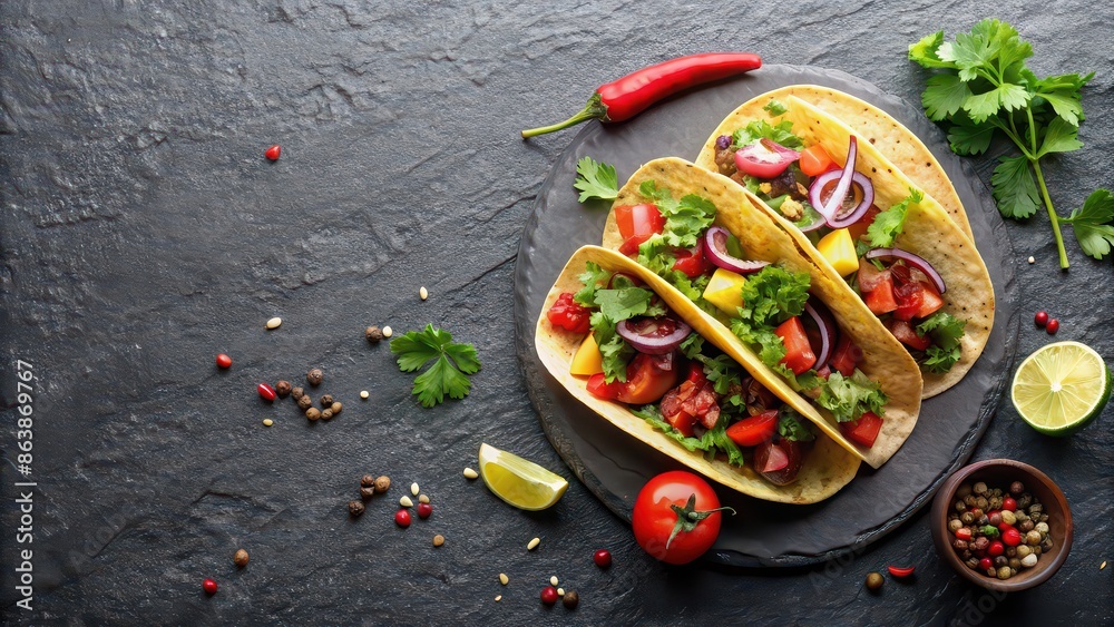 Sticker Delicious tacos assembled with fresh ingredients on a sleek slate surface, tacos, fresh, ingredients, food photography