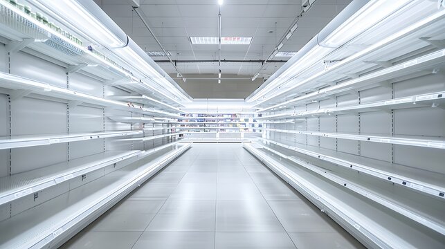 Empty supermarket aisle with white shelves and bright lighting.