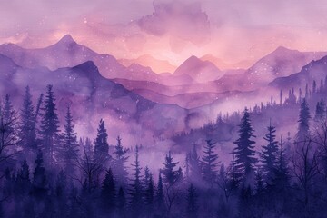 Obraz premium Forest and mountains violet silhouette