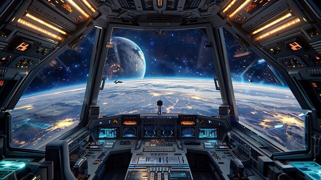 Futuristic spaceship cockpit with a view of a distant planet and stars. The cockpit is filled with advanced technology and controls. - Powered by Adobe