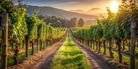 Naklejka premium Vineyard trails and rustic charm A scenic vineyard path lined with grapevines and charming rustic elements , Vineyard