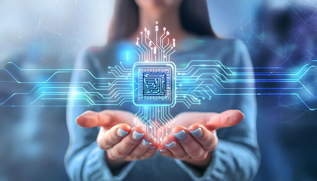 Woman Holding A Circuit Board Digital Code