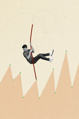 Photo collage artwork minimal picture of funky guy jumping pole working problems isolated beige...