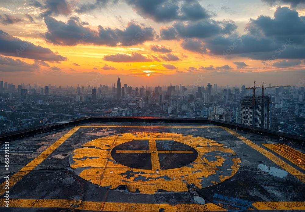 Wall mural Rooftop Helipad Overlooking City Skyline at Sunset