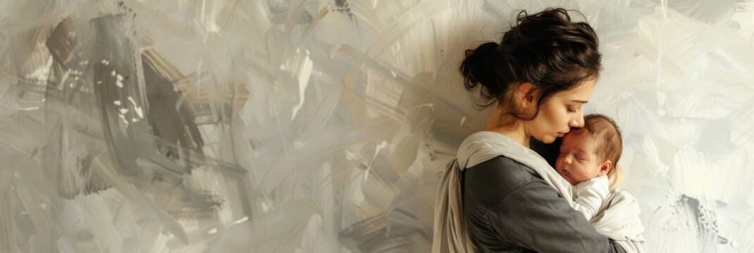 Horizontal banner. World Breastfeeding Week. Importance of breastfeeding and supporting mothers concept. A young mother gently presses her newborn to her chest. Free space for text - Powered by Adobe