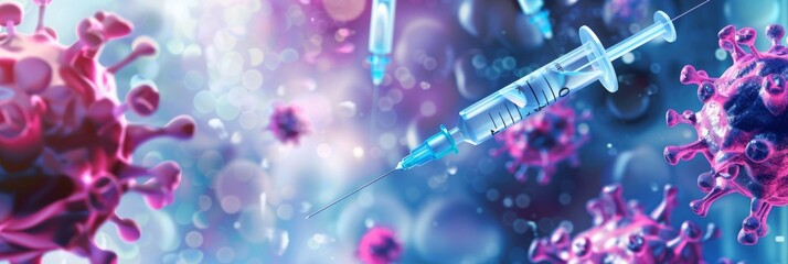 Horizontal banner. National Immunization Awareness Month. Immunization and vaccination. Syringe with vaccine surrounded by viruses. Free space for text