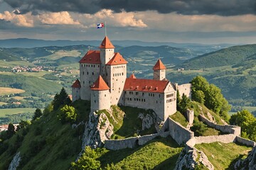 Veliki Tabor Castle towers with Croatian flag Zagorje hills