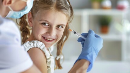 National Immunization Awareness Month. Immunization and vaccination for polio, flu shot, influenza or HPV prevention. girl receiving vaccination in doctor's office. International HPV awareness day