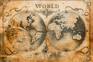 Antique world map on old paper and drawings, discovering America and world tour