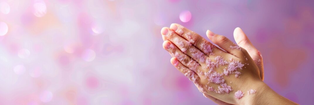 Horizontal banner. Psoriasis Action Month. Psoriasis Awareness. Psoriasis Awareness. Hands affected by psoriasis, plaques, dry flaky inflamed skin. Skin disease problem. Free space for text