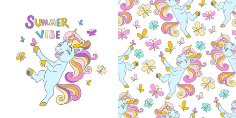 Unicorn with butterflies illustration and seamless pattern vector