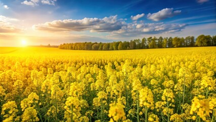 Fototapeta premium Vibrant rapeseed spring flowers blooming in a field , yellow, petals, agriculture, farm, countryside, landscape, flora