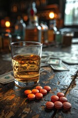 tablets and a glass of alcohol