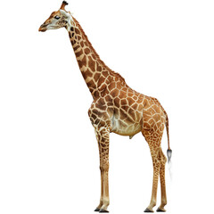 African adult giraffe standing isolated on white background. Side view.
