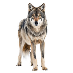 Fototapeta premium American Wolfdog, standing side ways, head down and looking straight to camera, isolated on white background.