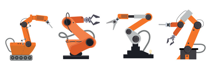 Set of robotic devices in cartoon style. Vector illustration of industrial robot manipulators for sorting on a conveyor belt isolated on white background. Execution of various production processes.