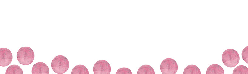 Pink confetti border. Isolated watercolor illustration. Ideal for printing on tablecloths, plates, menus, cards, invitations, flyers, certificates