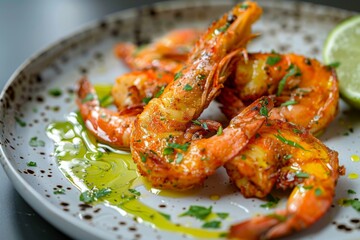 grilled shrimps with lime and oil on a plate 