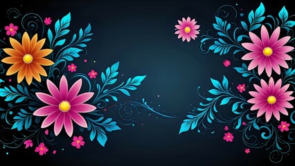 a dark background with various flowers in shades of purple, blue, and pink. The flowers have multiple petals and yellow centers. There are also green leaves and blue and purple swirls.