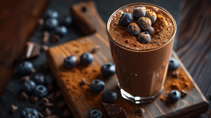 chocolate smoothie with blueberries and cacao powder 