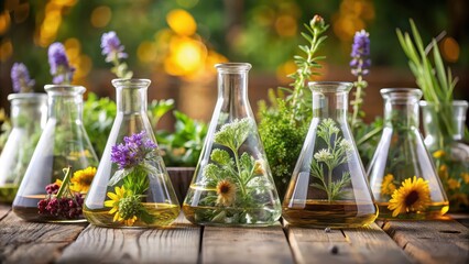 Erlenmeyer flasks filled with assorted medicinal herbs on a background, medicine, herbal, health, natural, science