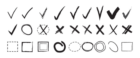 Doodle hand drawn chalk check mark set. sketch checkboxes, tick and cross symbols. tick cross signs. Crayon grunge checkmark elements. vector illustration isolated on white background