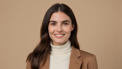 young woman with dark straight long hair and a confident smile wearing a white turtleneck top and a brown blazer