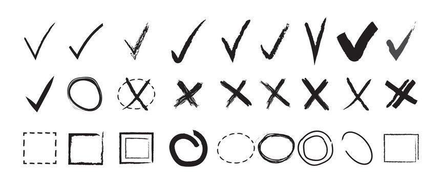 Doodle hand drawn chalk check mark set. sketch checkboxes, tick and cross symbols. tick cross signs. Crayon grunge checkmark elements. vector illustration isolated on white background