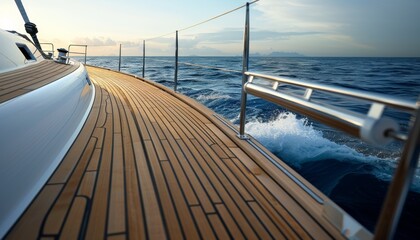 Close up of a luxurious yacht deck with white sails set against a stunning vivid blue sky
