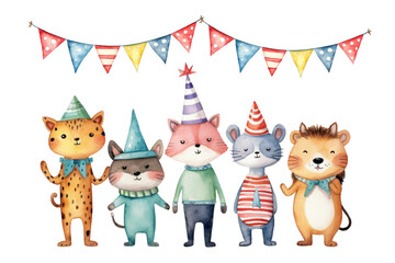 Obraz premium PNG Birthday animal cartoon, watercolor illustration, transparent background