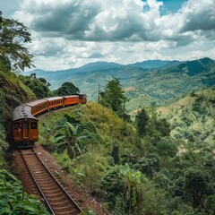 A scenic train journey winds along a steel railway through a lush green mountain landscape
