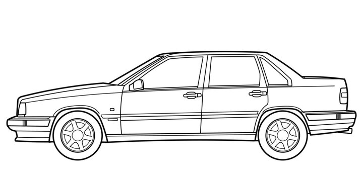 Ivano-Frankivsk, Ukraine - 26 June 2024: Outline drawing of a Volvo 850 compact executive car that was produced by the Swedish manufacturer, sedane car side view. Vector outline doodle illustration