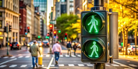 Vibrant green pedestrian signal figure stands alone at a bustling city road intersection, emphasizing safety and life protection amidst flowing traffic and urban activity.