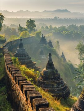 Serene Sunrise at the Ancient Pagodas of Mrauk U - Tranquil Morning in Historical Setting