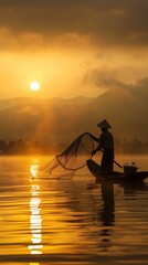 Tranquil Morning: Traditional Fisherman Casting Net at Sunrise on Inle Lake