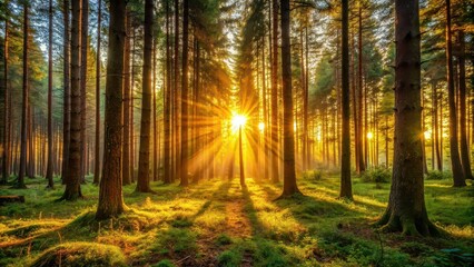 Fototapeta premium Sunset in the forest with golden light shining through the trees, sunset, forest, nature, trees, golden, light, evening